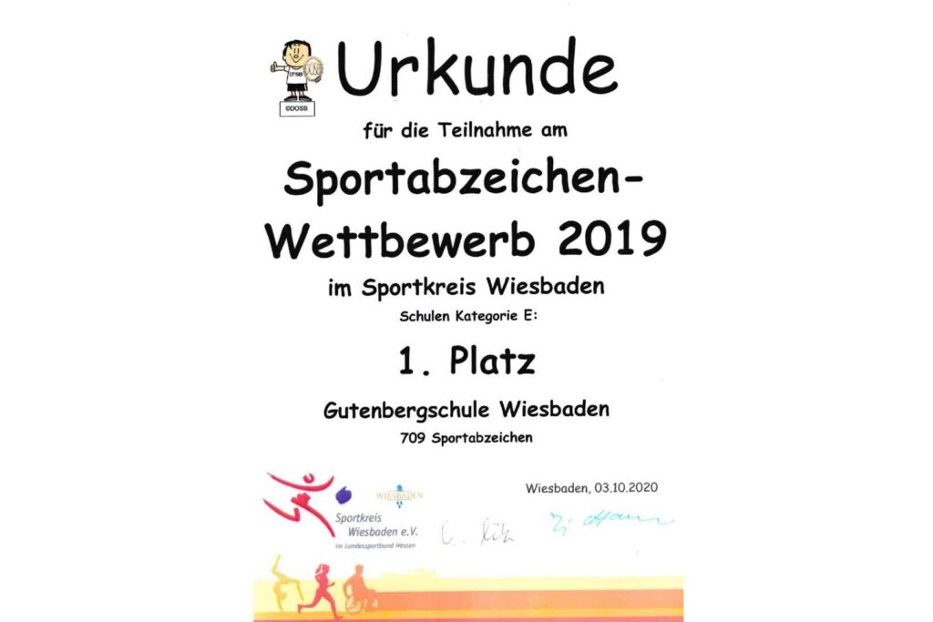 Urkunde 1. Platz Sportabzeichen der Gutenbergschule
